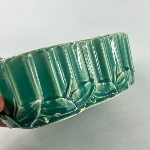 McCoy Pottery Oval Planter Green Bamboo Leaf USA Vintage Mid Century Signed 12” - Picture 9 of 13